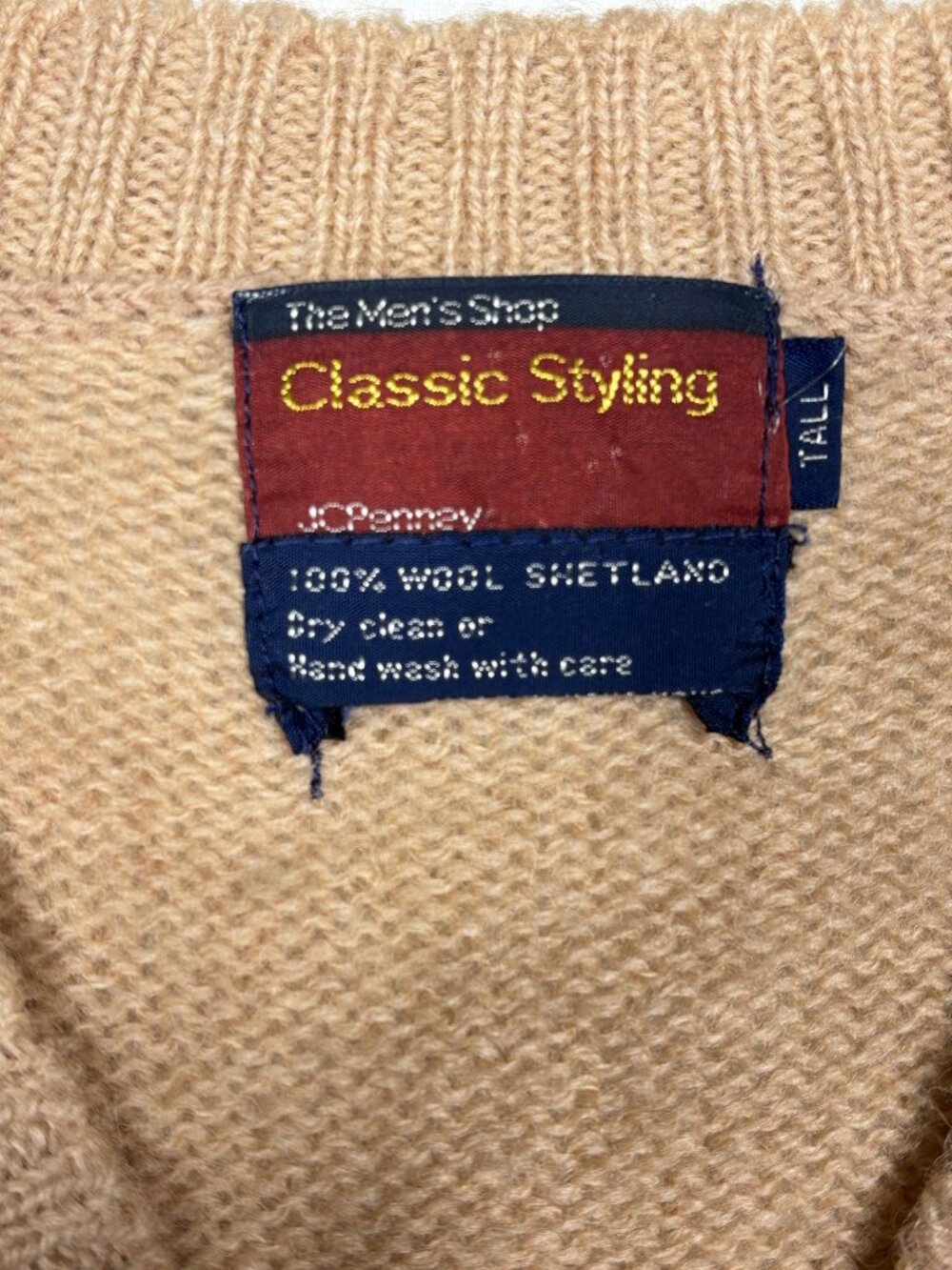 Vintage JCPenney Men's L Tall 100% Shetland Wool V-Neck Sweater Vest Tan Beige - Picture 4 of 9